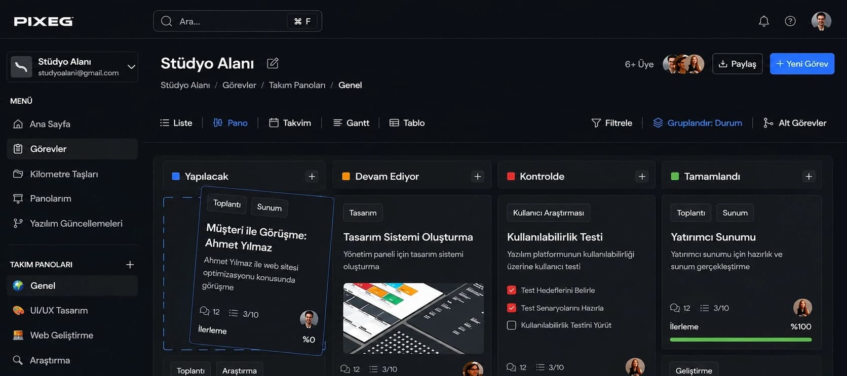 PIXEG ile tasarlanan arayüzlerden bir kesit — koyu tema